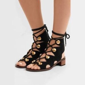 See By Chloe Black Suede and Gold Lace-Up Gladiator Sandal Edna